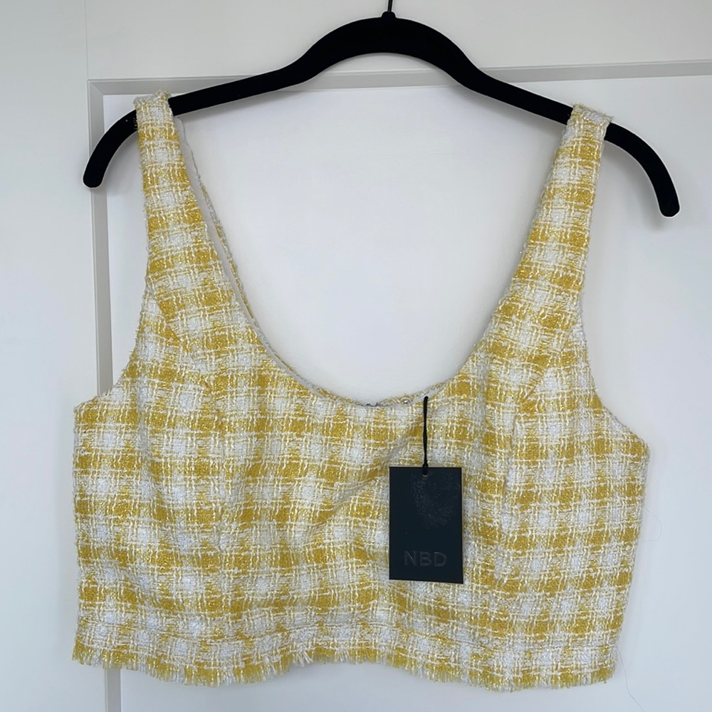 NBD Yellow Tweed Crop Top, Size L, NWT